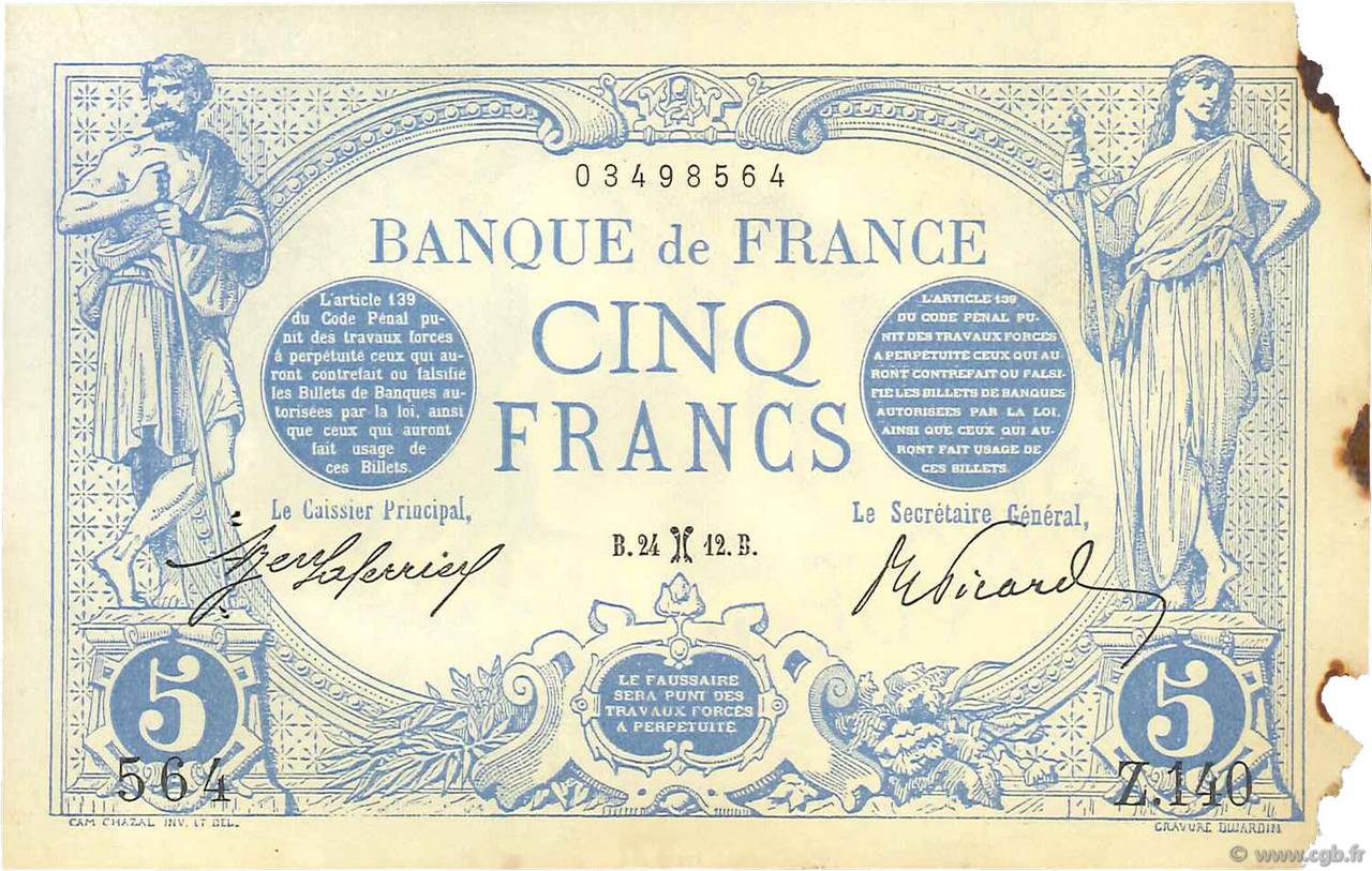 5 Francs BLEU FRANKREICH  1912 F.02.02 VZ