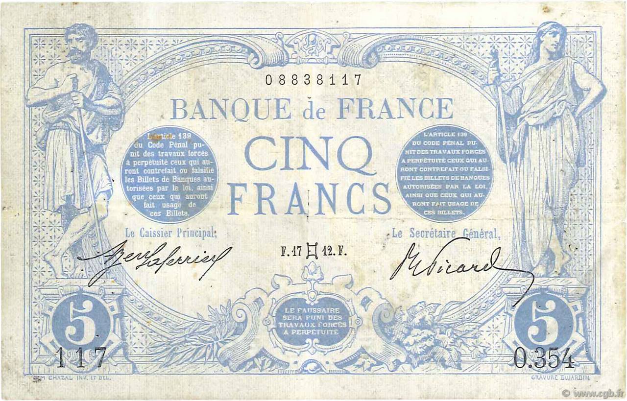 5 Francs BLEU FRANKREICH  1912 F.02.05 S