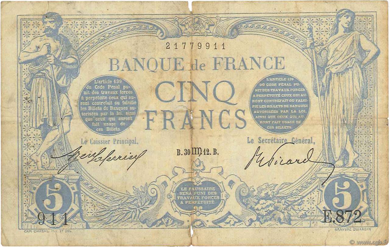 5 Francs BLEU FRANKREICH  1912 F.02.08 SGE