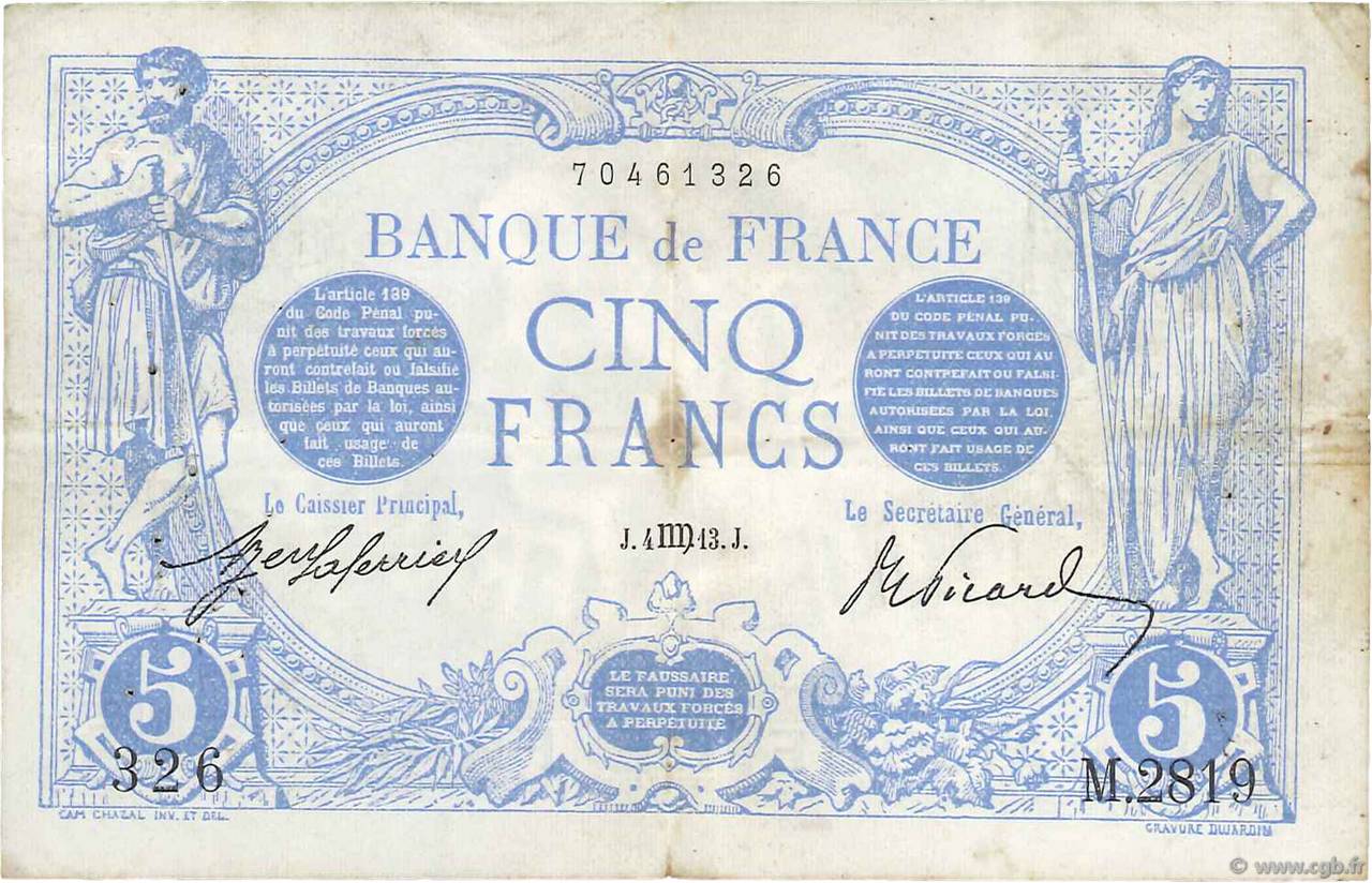 5 Francs BLEU FRANCIA  1913 F.02.20 q.BB