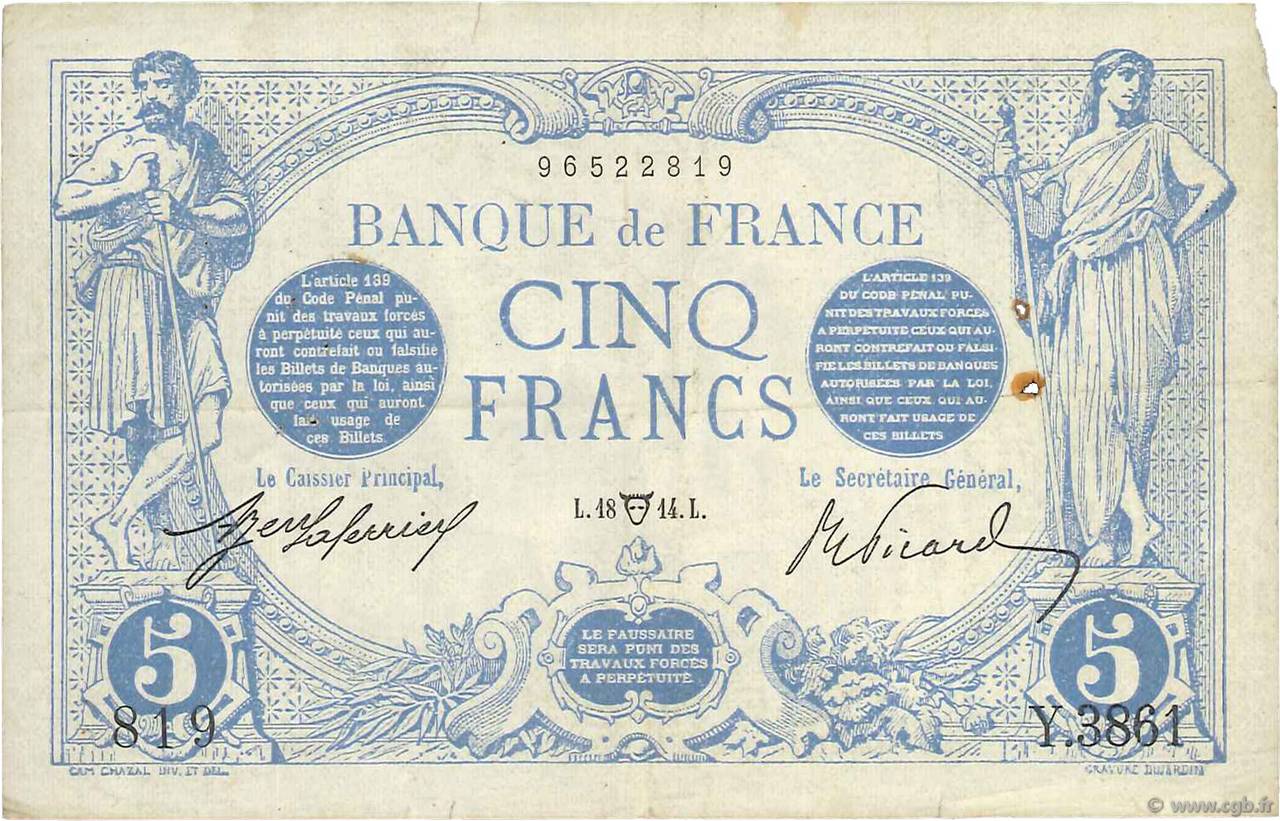 5 Francs BLEU FRANCIA  1914 F.02.22 BC+