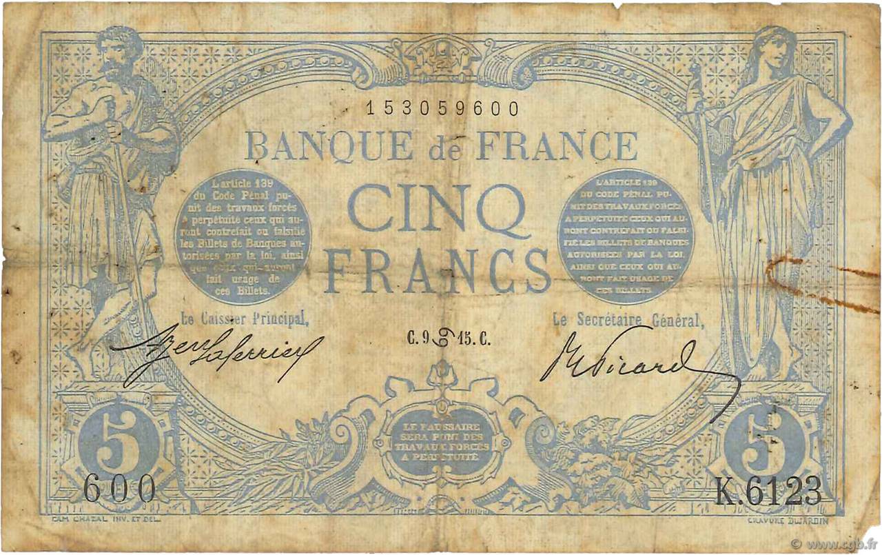5 Francs BLEU FRANKREICH  1915 F.02.28 SGE