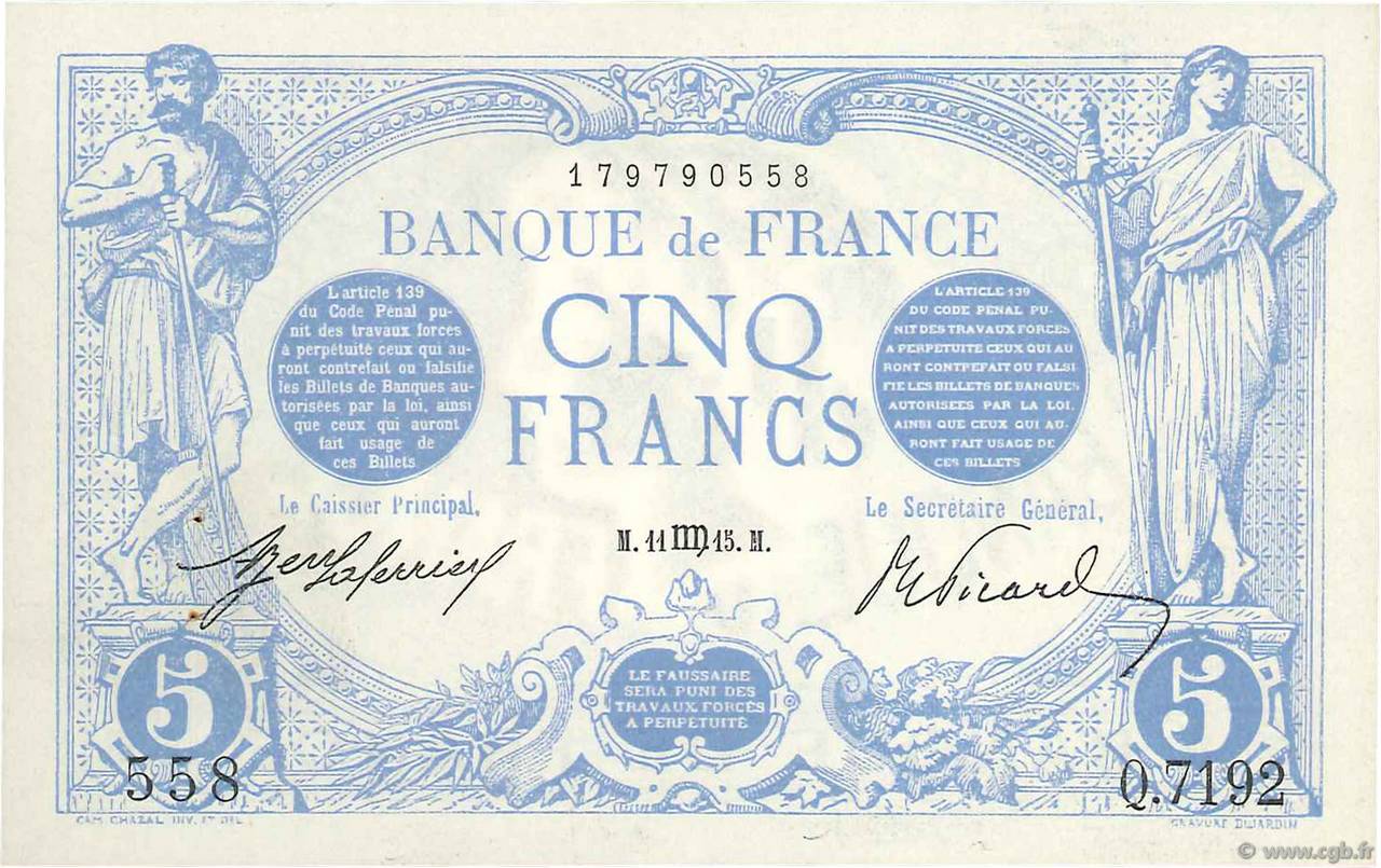 5 Francs BLEU FRANKREICH  1915 F.02.30 fST