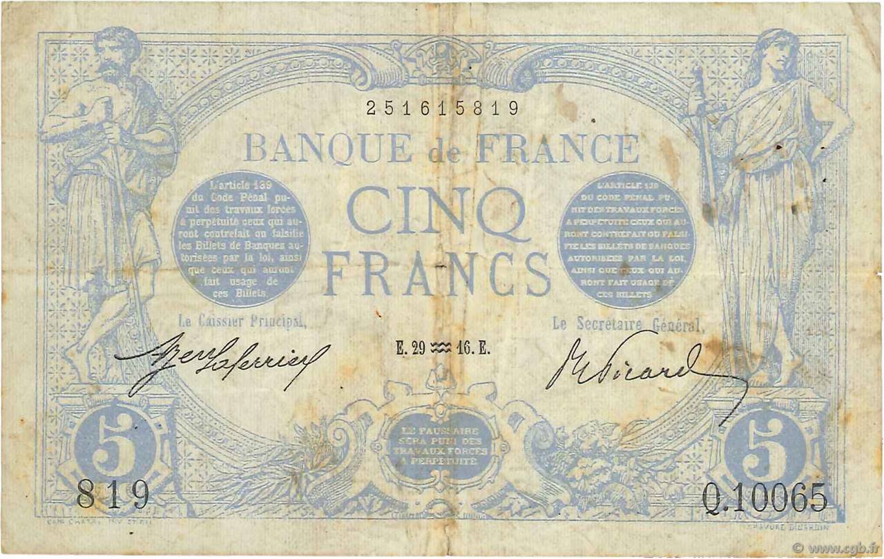 5 Francs BLEU FRANKREICH  1916 F.02.35 S