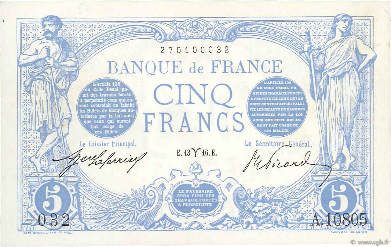 5 Francs BLEU FRANCIA  1916 F.02.37 EBC