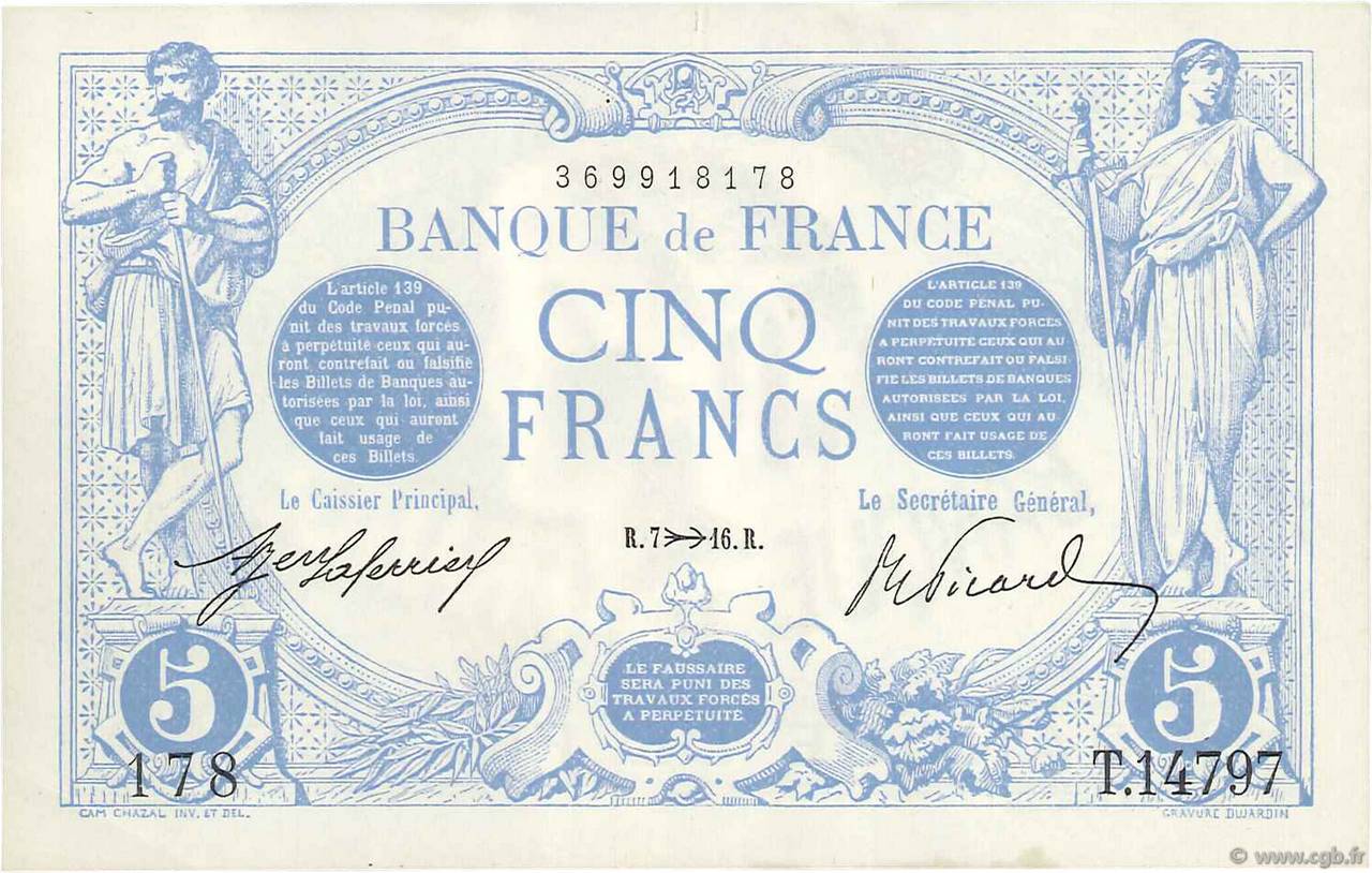 5 Francs BLEU FRANCIA  1916 F.02.45 SPL