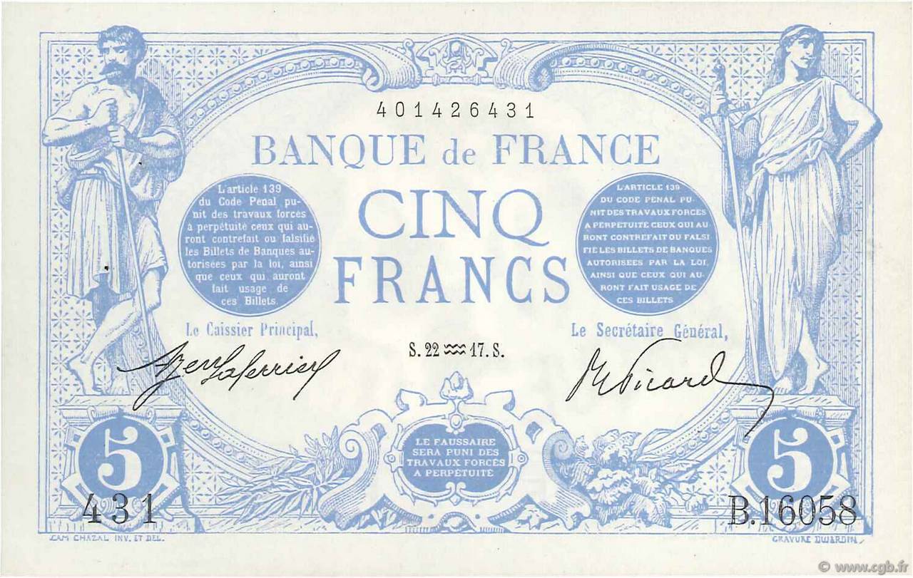 5 Francs BLEU FRANKREICH  1917 F.02.47 fST