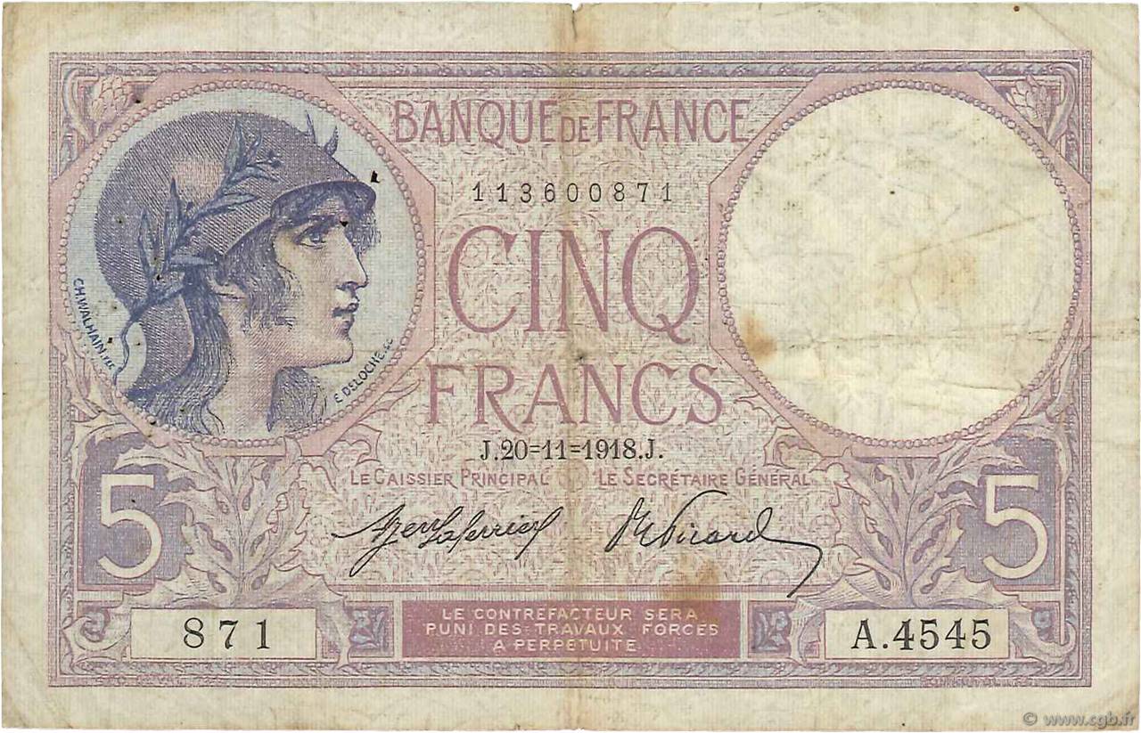 5 Francs FEMME CASQUÉE FRANCE  1918 F.03.02 B