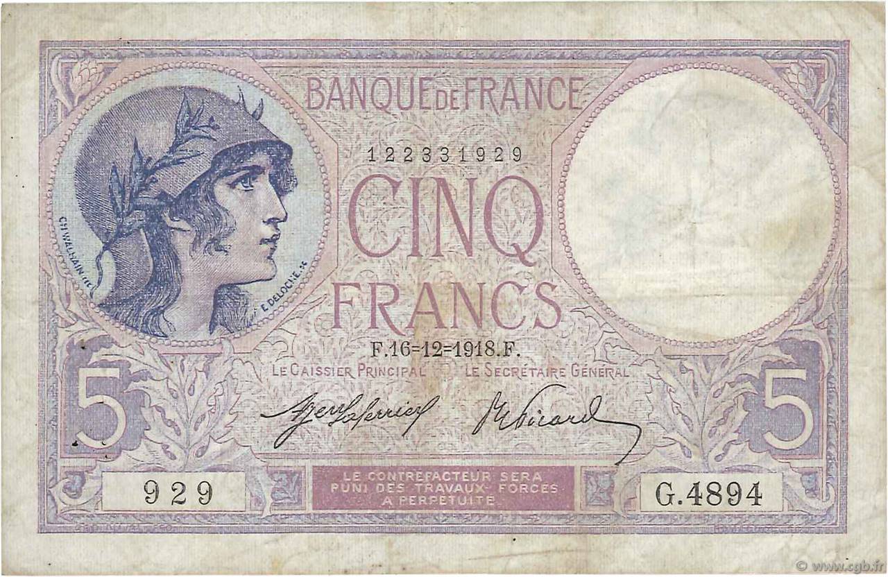 5 Francs FEMME CASQUÉE FRANCIA  1918 F.03.02 MB