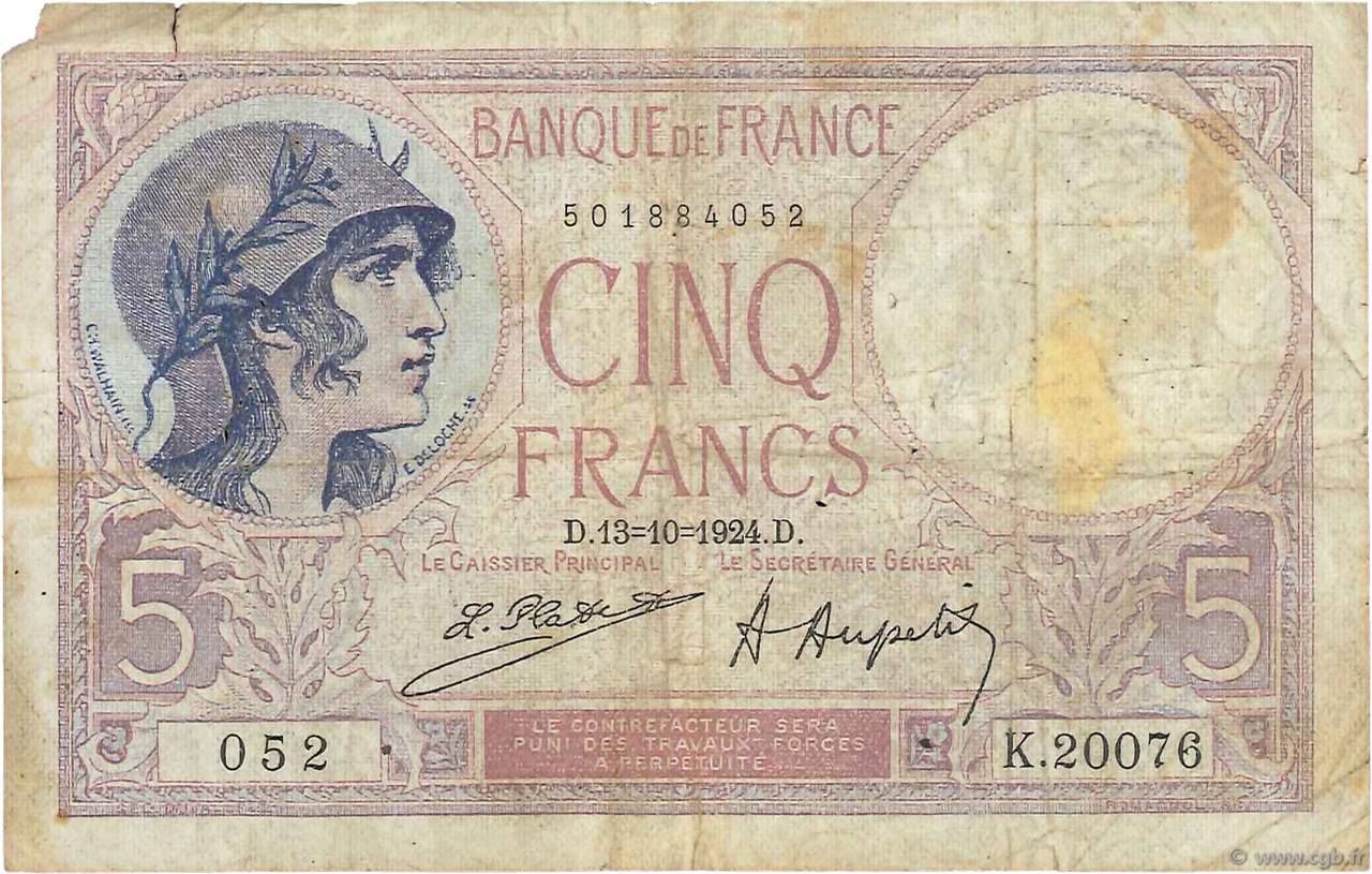 5 Francs FEMME CASQUÉE FRANKREICH  1924 F.03.08 SGE