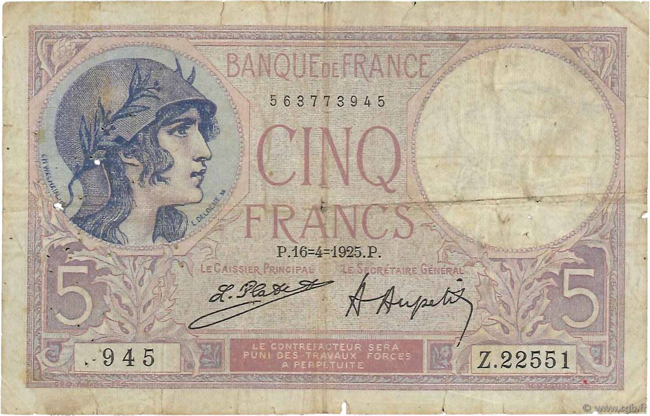 5 Francs FEMME CASQUÉE FRANCE  1925 F.03.09 G