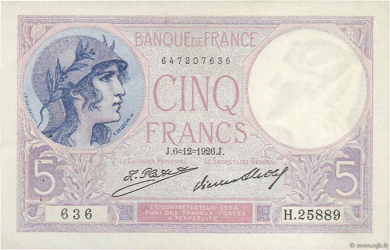 5 Francs FEMME CASQUÉE FRANCE  1926 F.03.10 XF