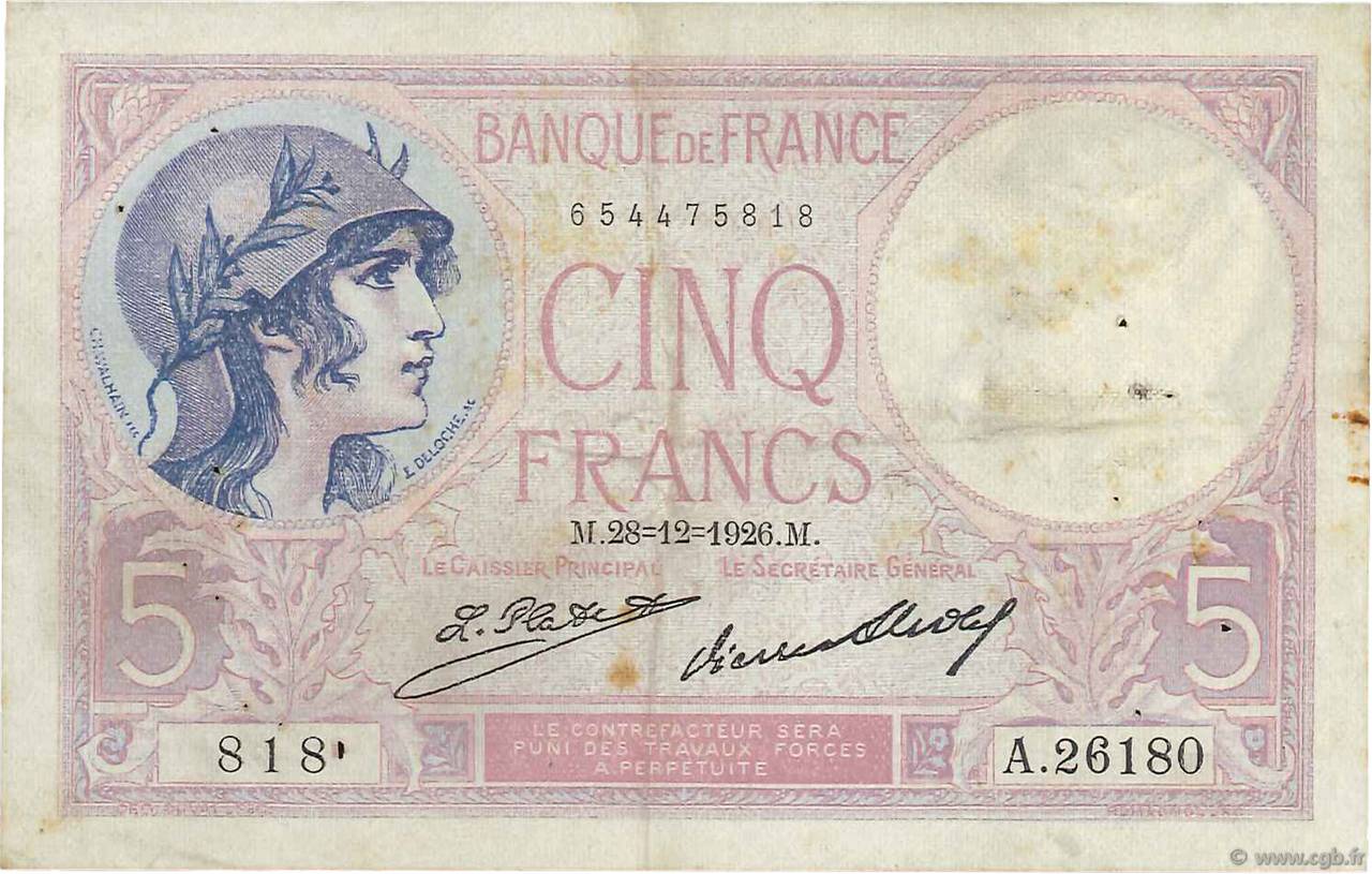 5 Francs FEMME CASQUÉE FRANCE  1926 F.03.10 VF