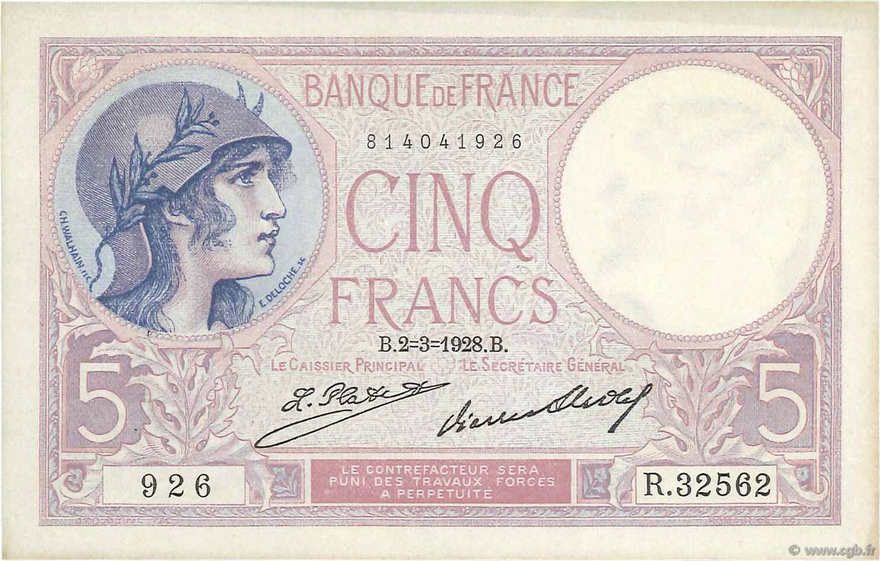 5 Francs FEMME CASQUÉE FRANKREICH  1928 F.03.12 VZ+