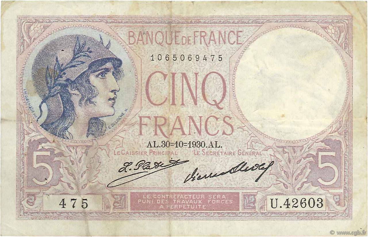 5 Francs FEMME CASQUÉE FRANCE  1930 F.03.14 pr.TTB