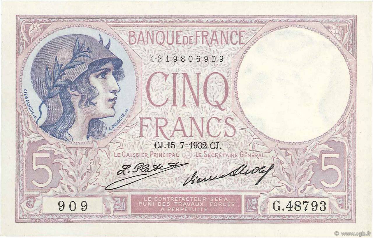 5 Francs FEMME CASQUÉE FRANCE  1932 F.03.16 SPL+