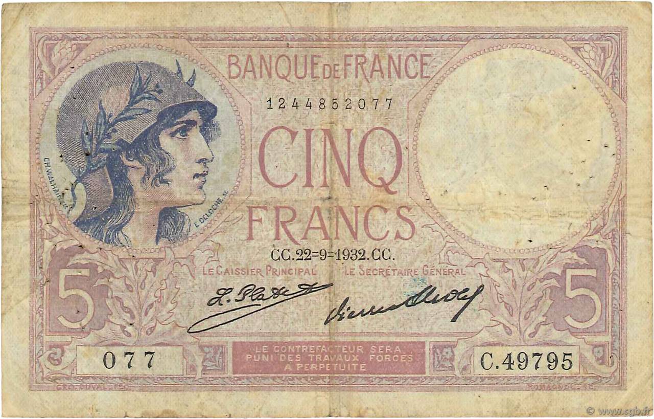 5 Francs FEMME CASQUÉE FRANCE  1932 F.03.16 G