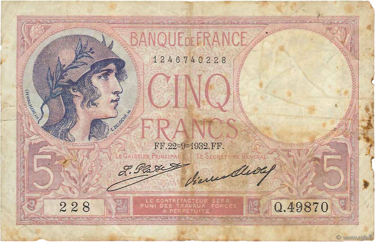 5 Francs FEMME CASQUÉE FRANCIA  1932 F.03.16 q.MB