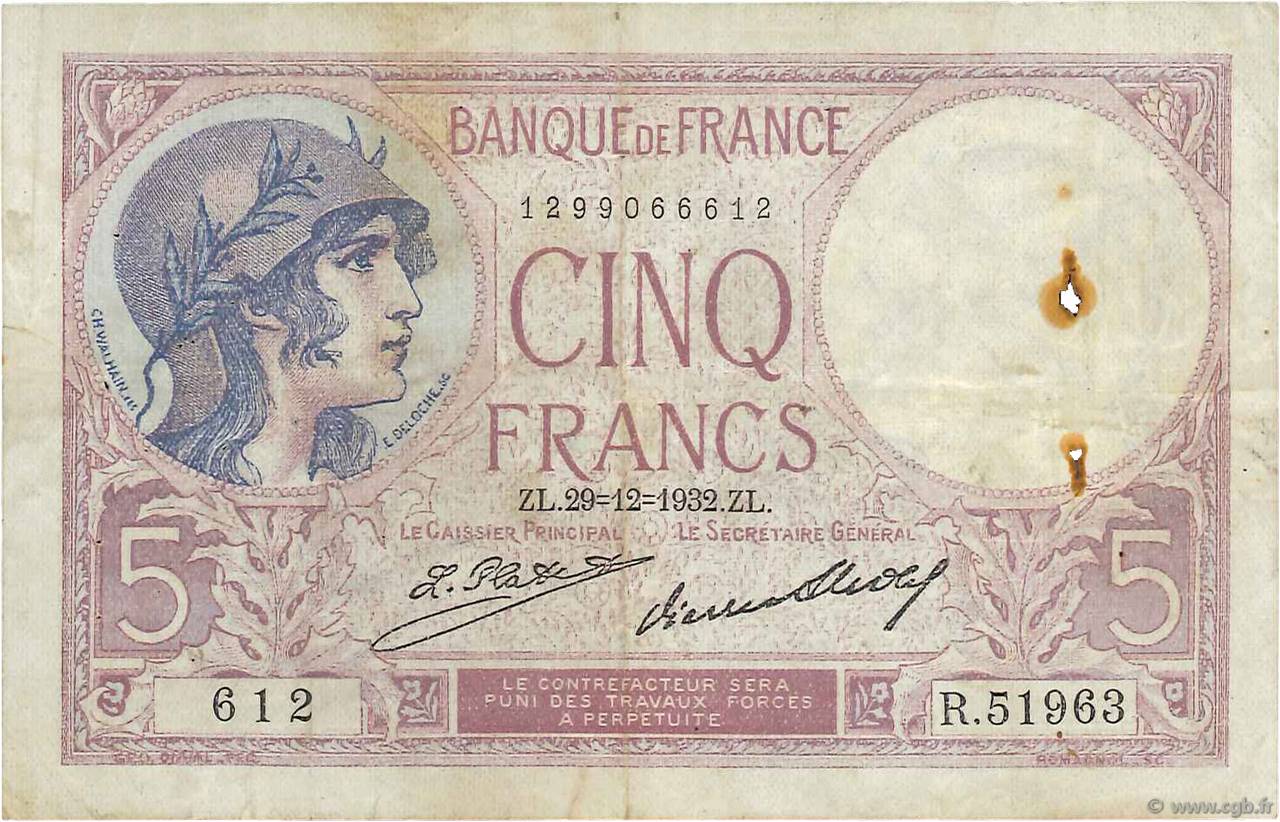 5 Francs FEMME CASQUÉE FRANCE  1932 F.03.16 TB