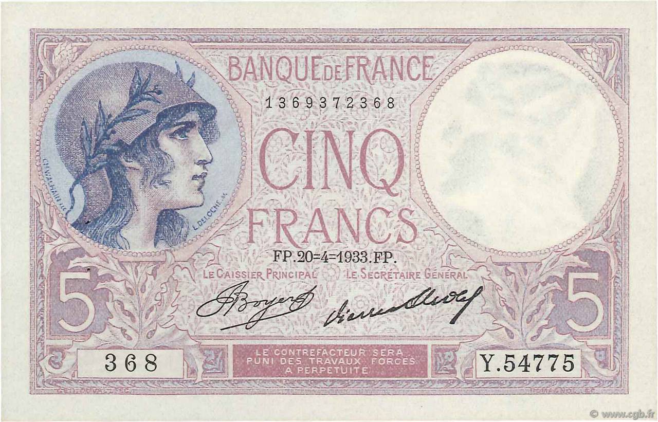 5 Francs FEMME CASQUÉE FRANCIA  1933 F.03.17 EBC+
