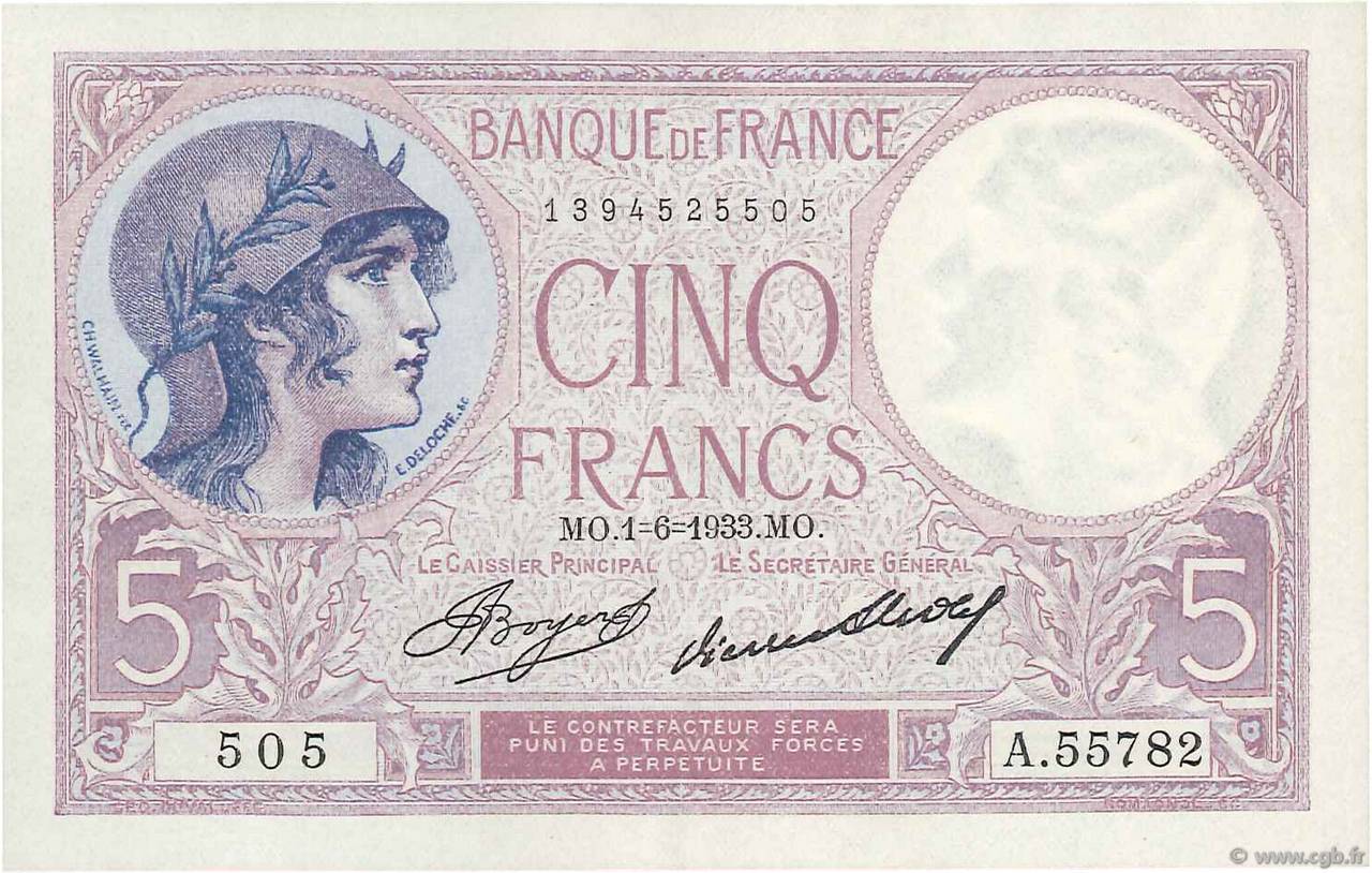 5 Francs FEMME CASQUÉE FRANKREICH  1933 F.03.17 fST