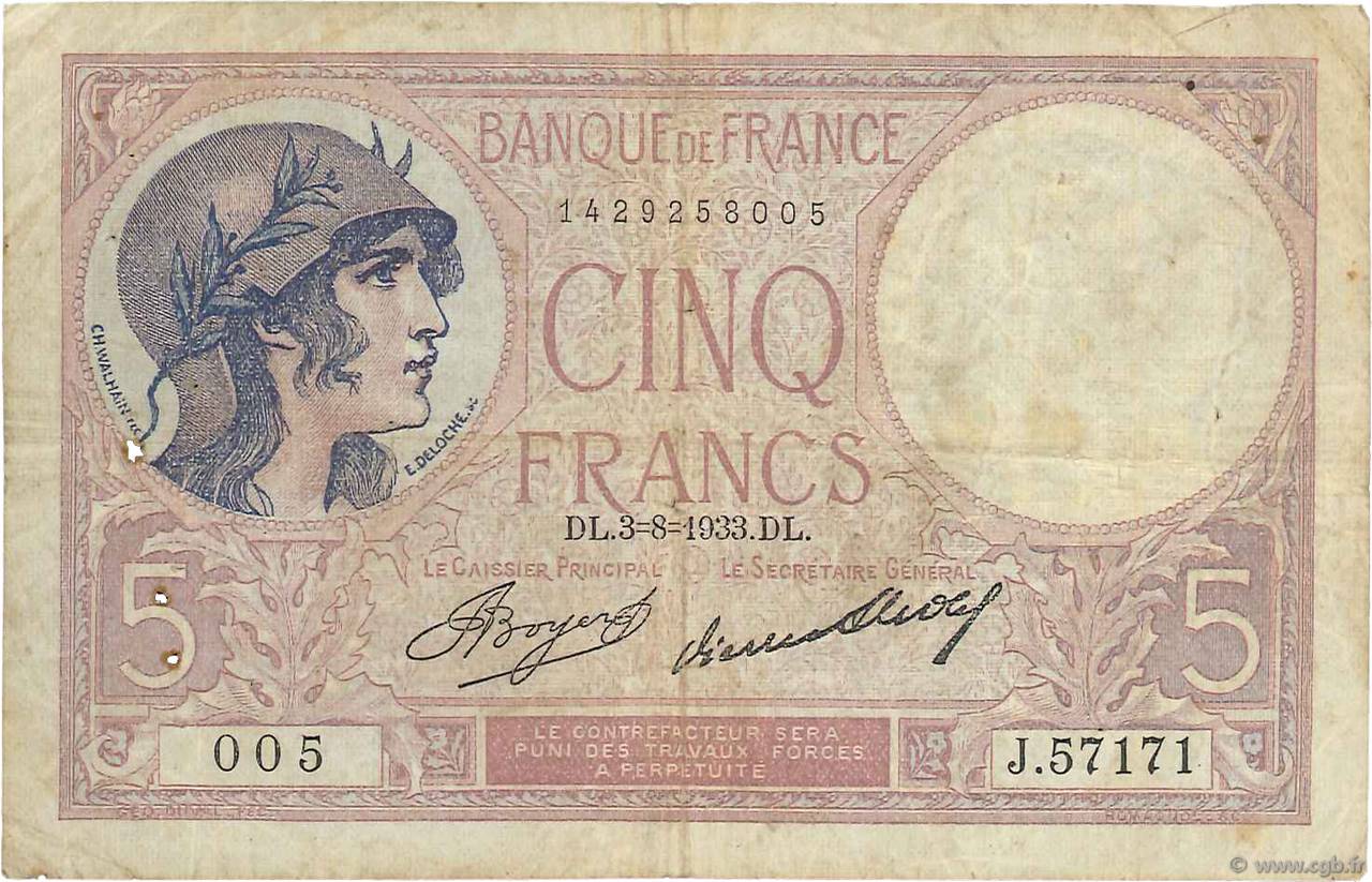 5 Francs FEMME CASQUÉE FRANKREICH  1933 F.03.17 fS
