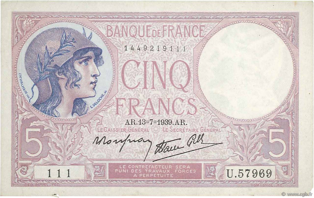 5 Francs FEMME CASQUÉE modifié FRANCE  1939 F.04.01 VF