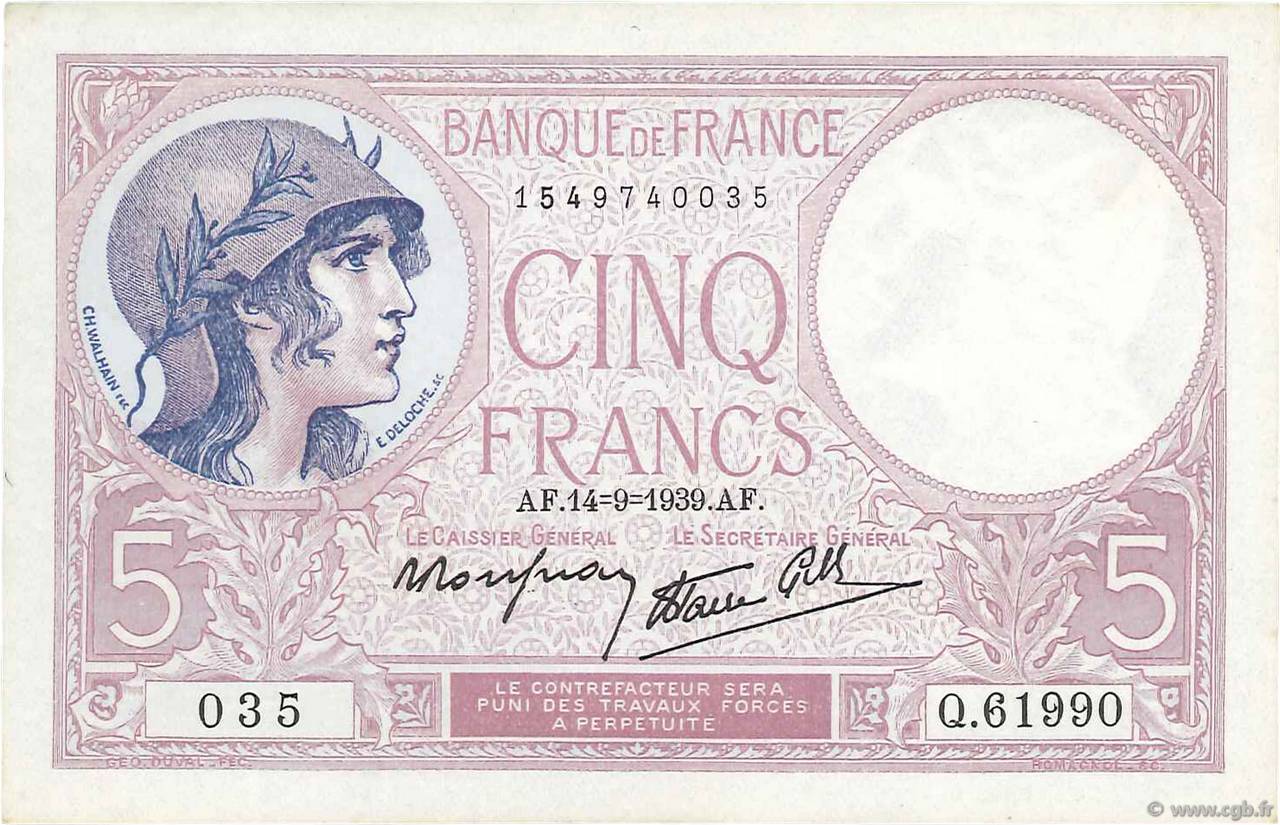 5 Francs FEMME CASQUÉE modifié FRANCE  1939 F.04.08 SPL