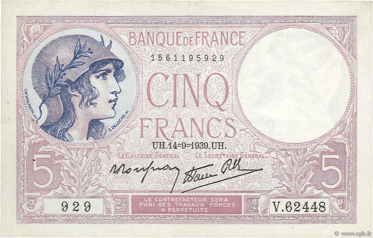 5 Francs FEMME CASQUÉE modifié FRANCE  1939 F.04.08 TTB+