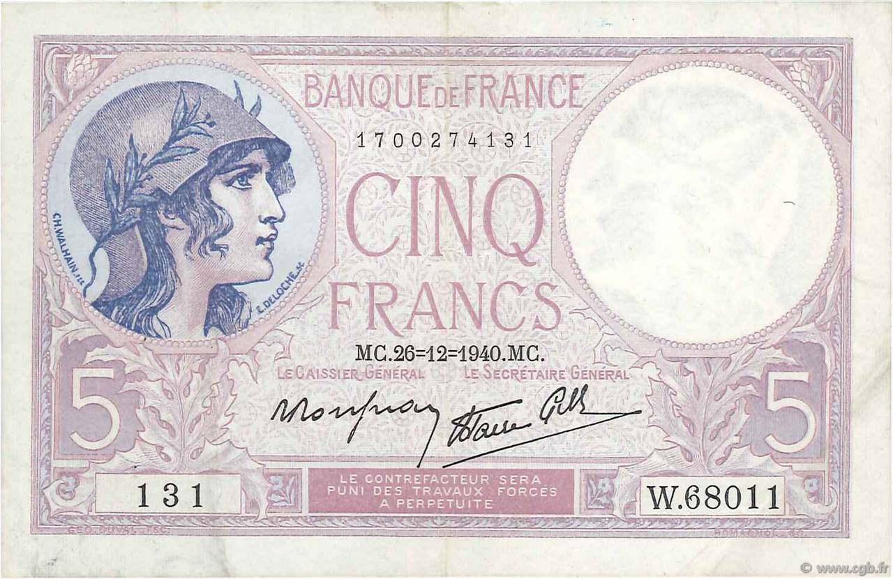 5 Francs FEMME CASQUÉE modifié FRANCE  1940 F.04.18 TTB