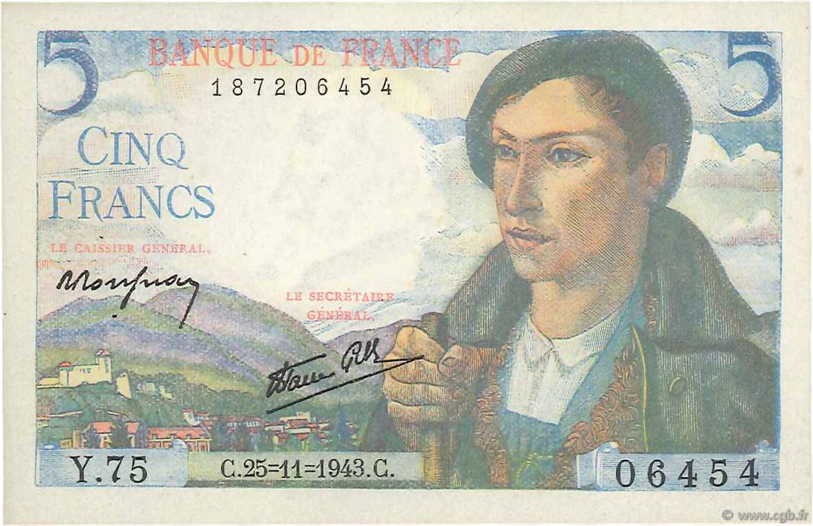5 Francs BERGER FRANKREICH  1943 F.05.04 VZ