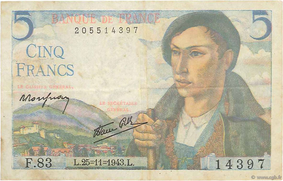 5 Francs BERGER FRANCE  1943 F.05.04 TB+