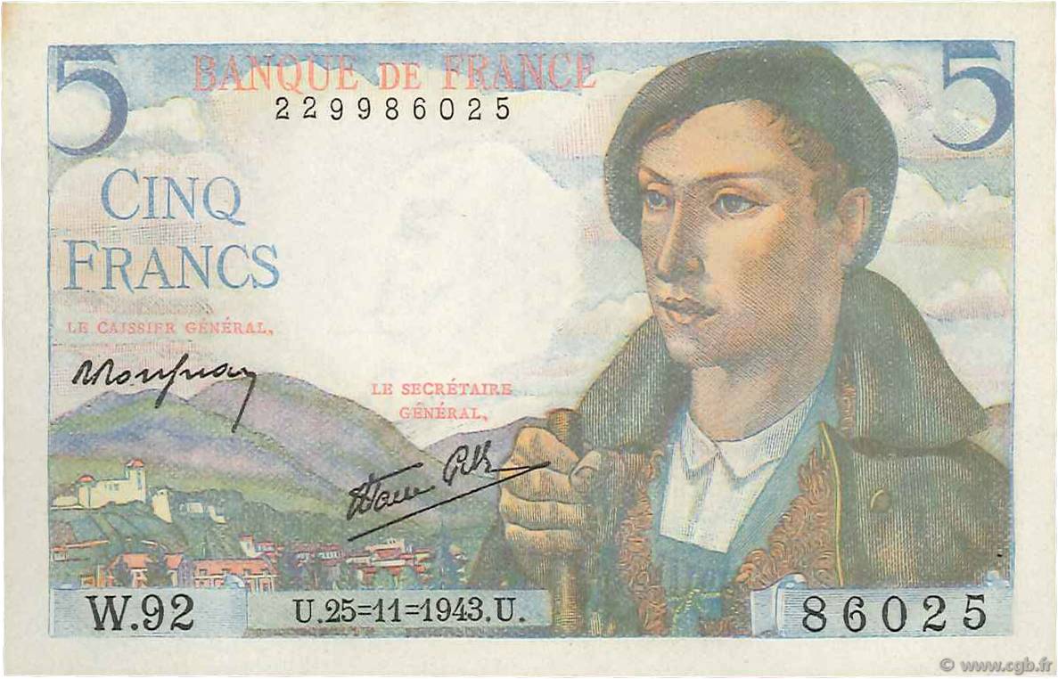 5 Francs BERGER FRANCIA  1943 F.05.04 SC+