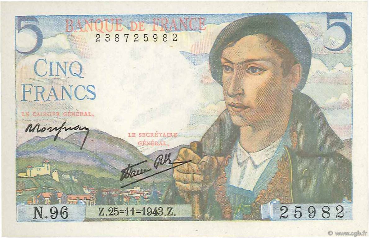 5 Francs BERGER FRANCE  1943 F.05.04 UNC