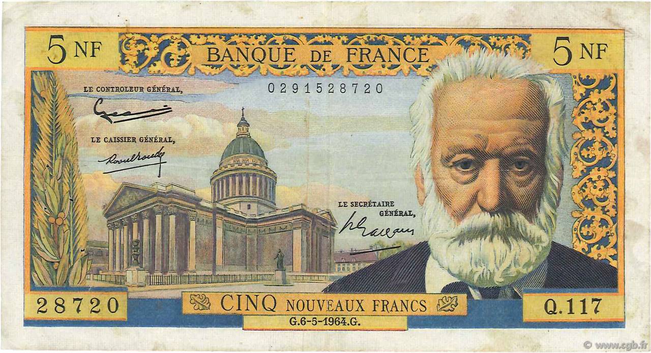 5 Nouveaux Francs VICTOR HUGO FRANCE  1964 F.56.15 pr.TTB