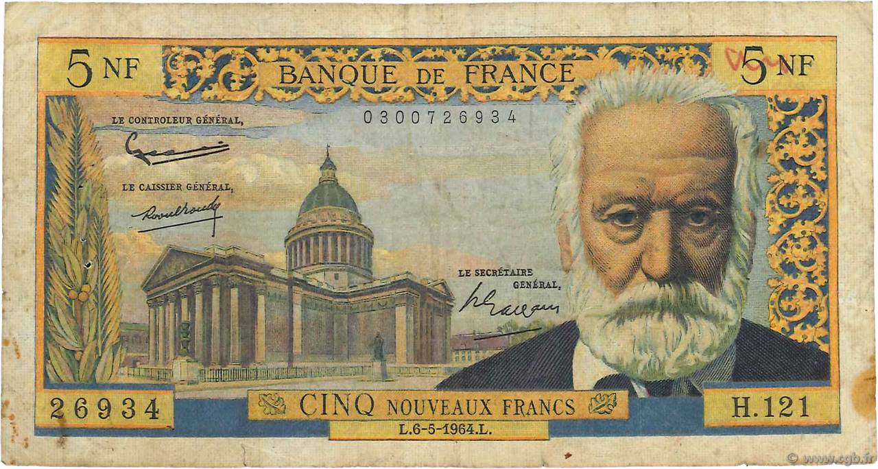 5 Nouveaux Francs VICTOR HUGO FRANCE  1964 F.56.15 G