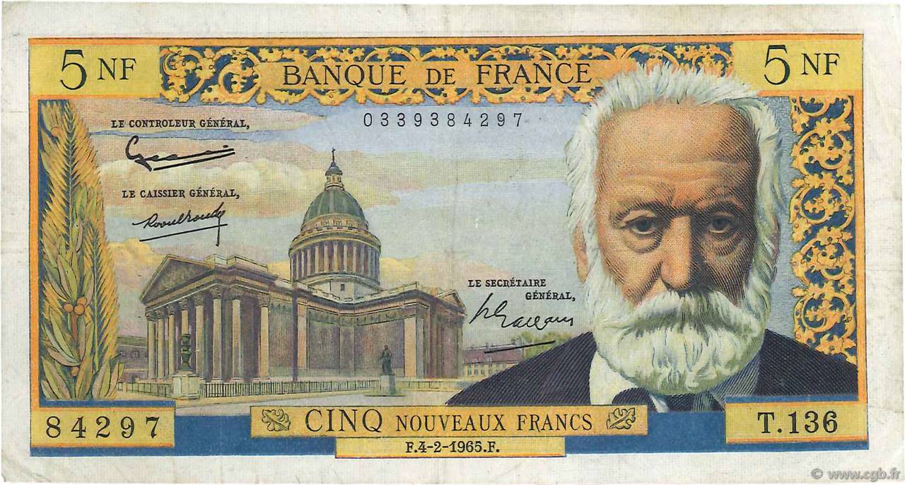5 Nouveaux Francs VICTOR HUGO FRANCE  1965 F.56.17 TB