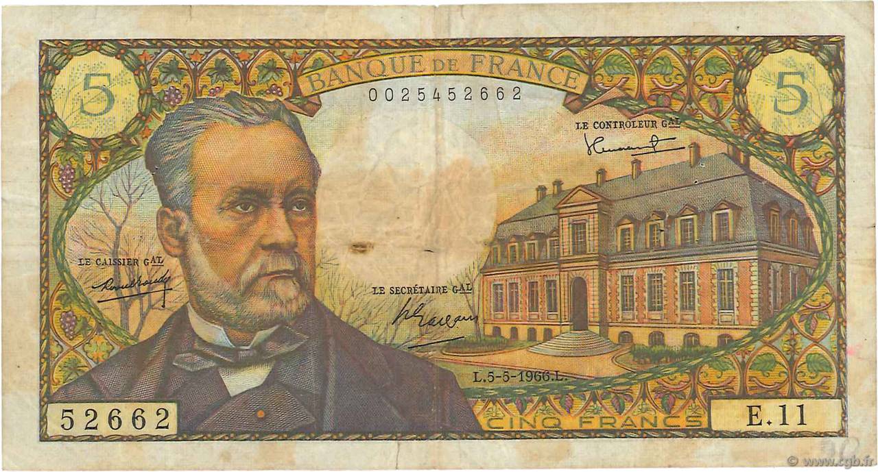 5 Francs PASTEUR FRANCIA  1966 F.61.01 q.MB