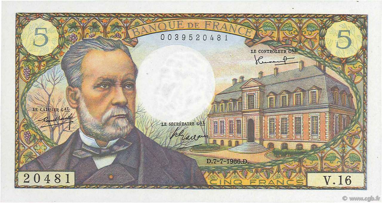 5 Francs PASTEUR FRANCIA  1966 F.61.02 EBC+