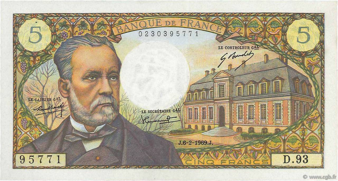 5 Francs PASTEUR FRANCIA  1969 F.61.09 EBC+