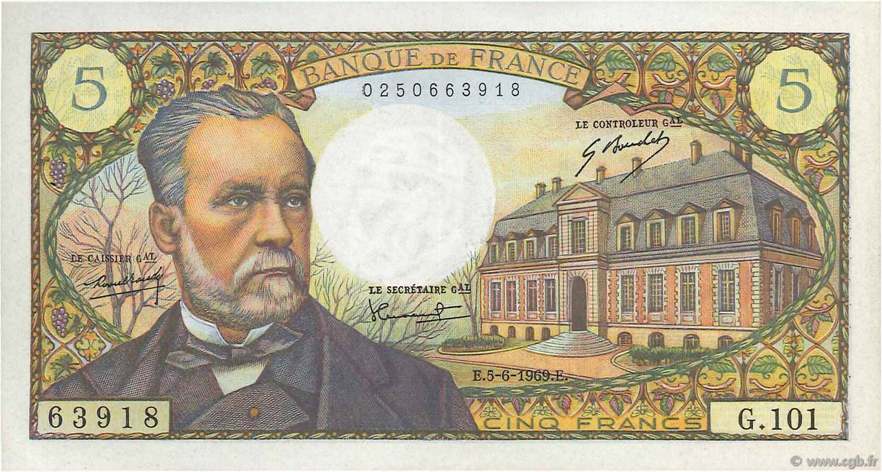 5 Francs PASTEUR FRANCIA  1969 F.61.10 EBC