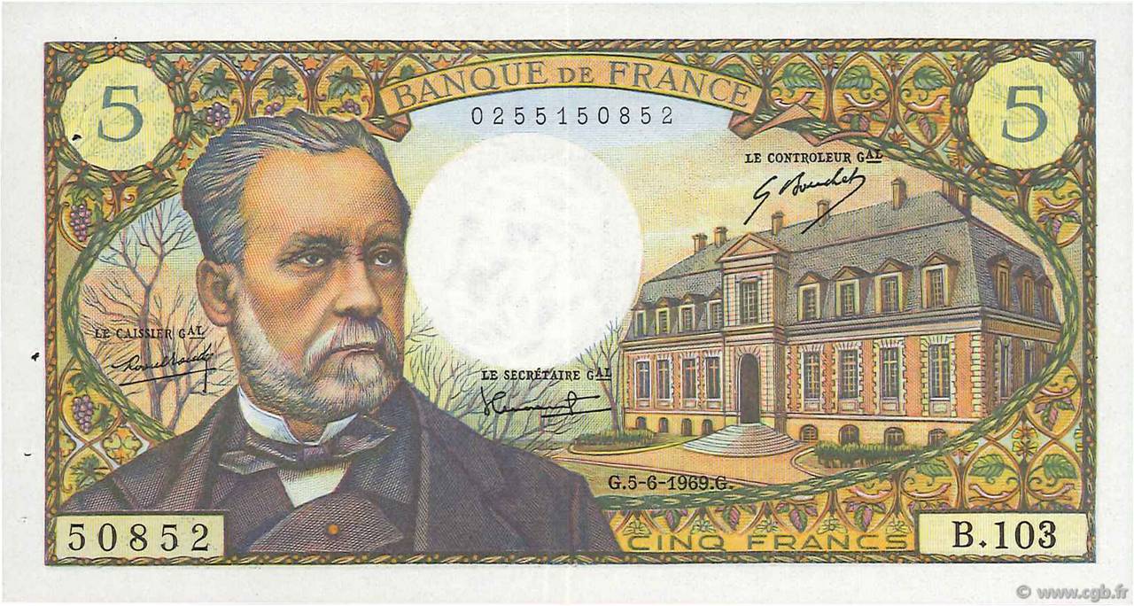 5 Francs PASTEUR FRANCIA  1969 F.61.10 EBC