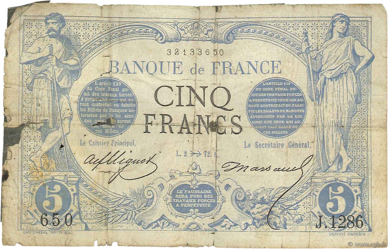 5 Francs NOIR FRANCIA  1872 F.01.12 q.B