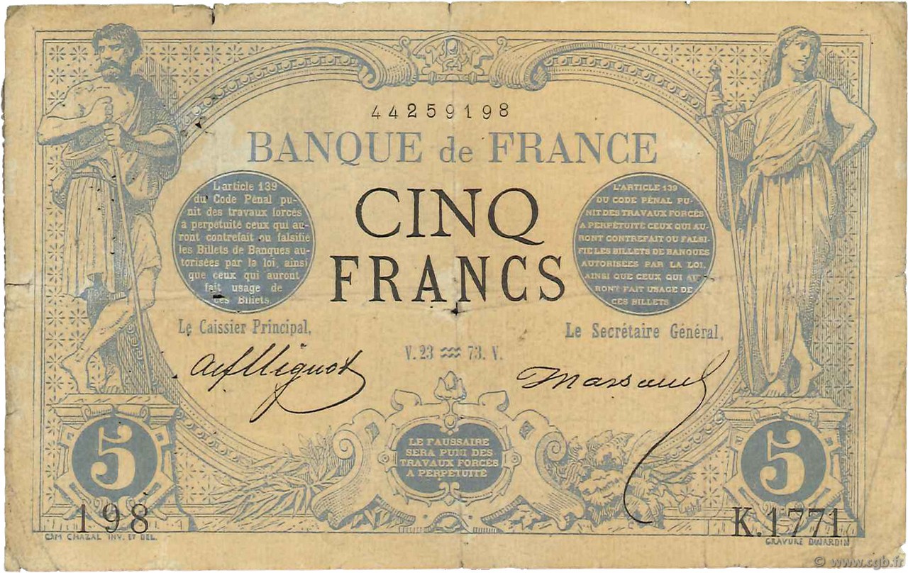 5 Francs NOIR FRANCIA  1873 F.01.14 RC+