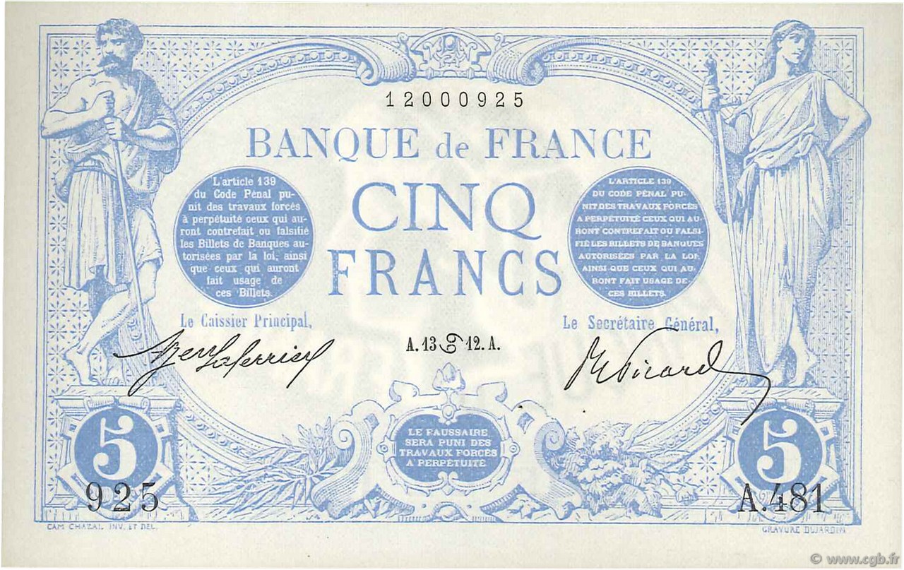 5 Francs BLEU FRANCE  1912 F.02.06 XF