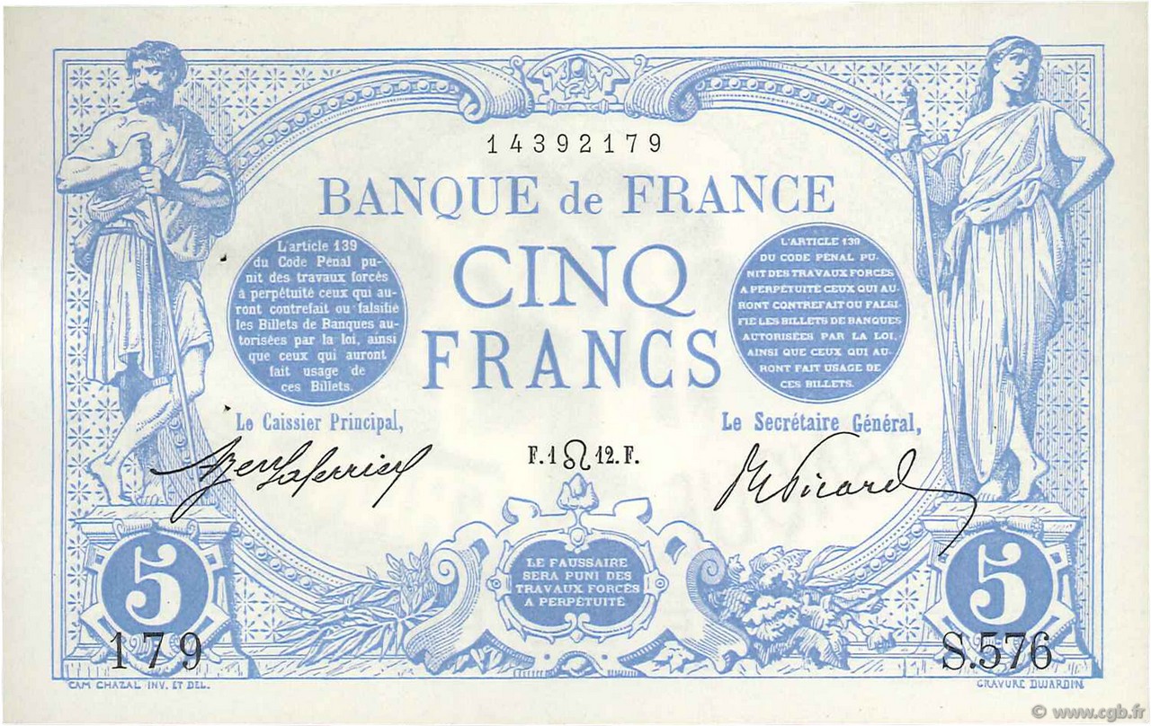 5 Francs BLEU FRANCIA  1912 F.02.07 AU