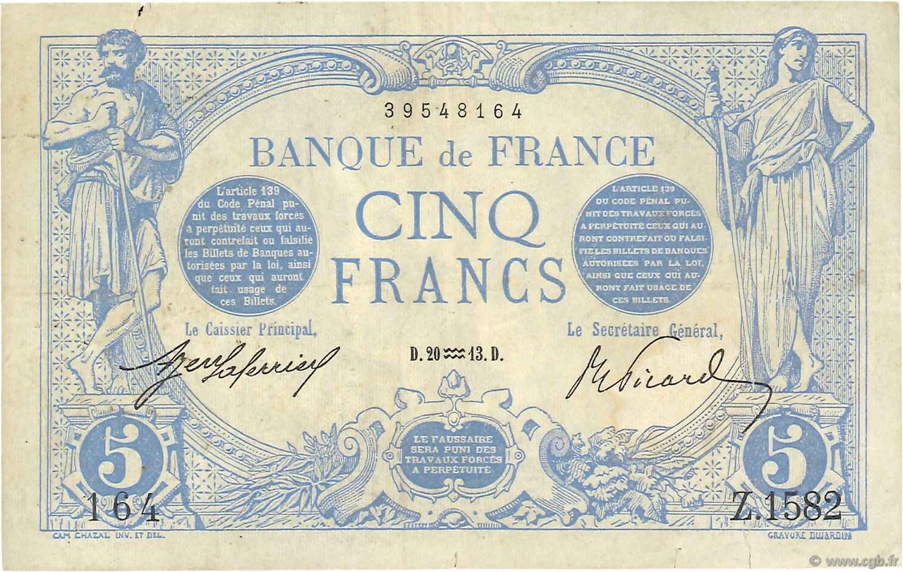 5 Francs BLEU FRANCIA  1913 F.02.13 BC+