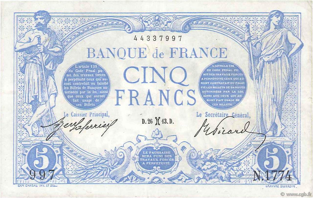 5 Francs BLEU FRANCIA  1913 F.02.14 BB