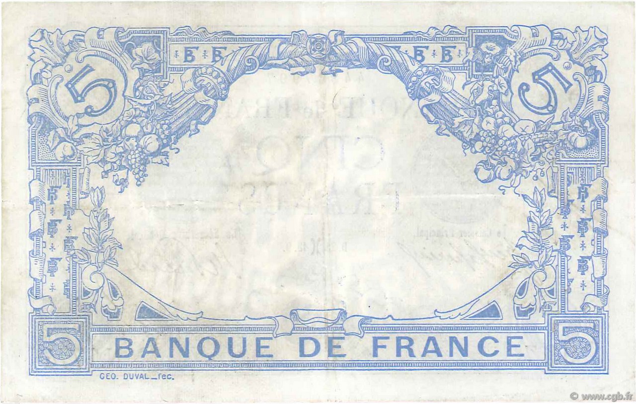 5 Francs Bleu France 1913 F0214 B720336 Billets