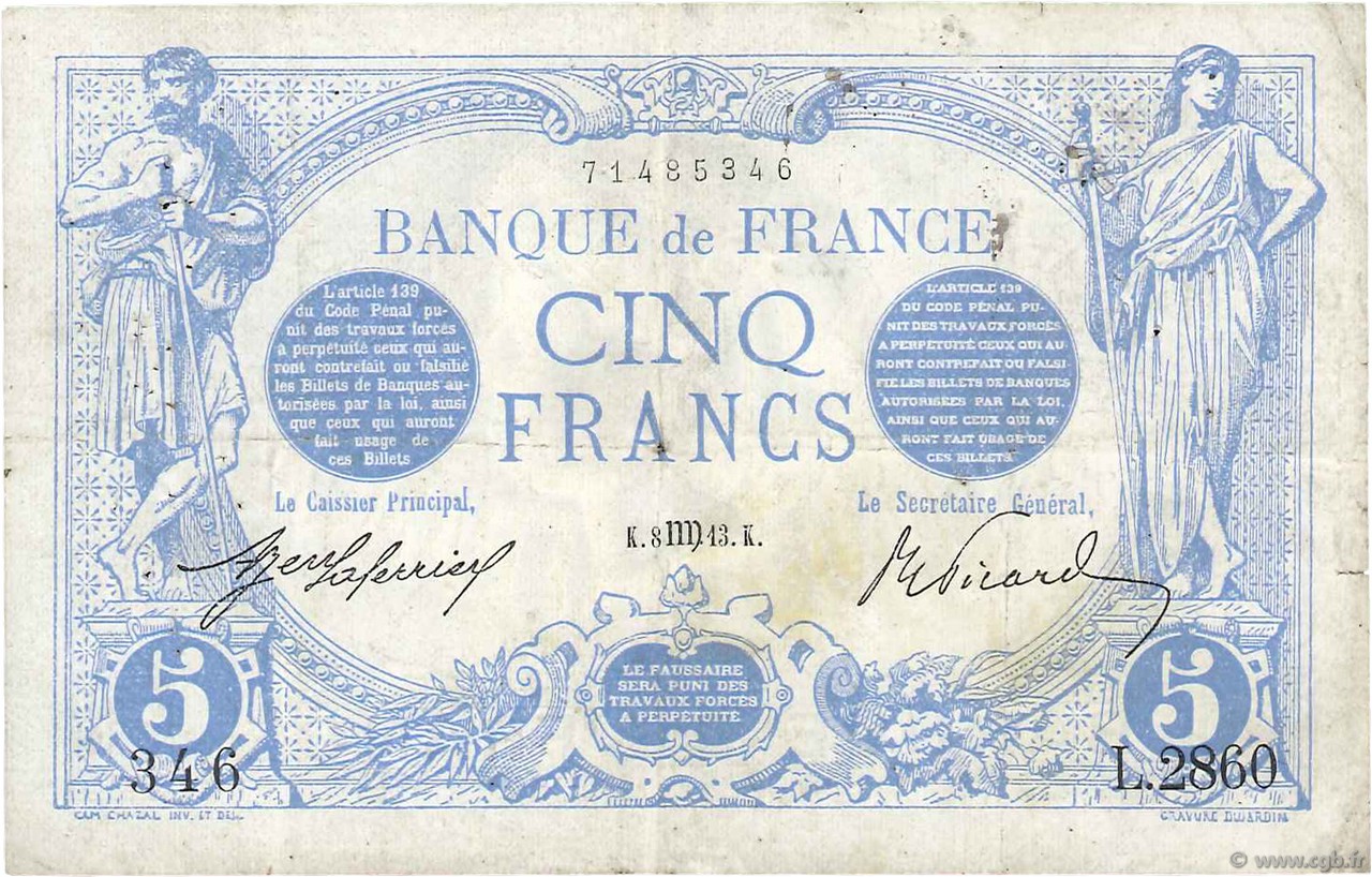5 Francs BLEU FRANCIA  1913 F.02.20 MB